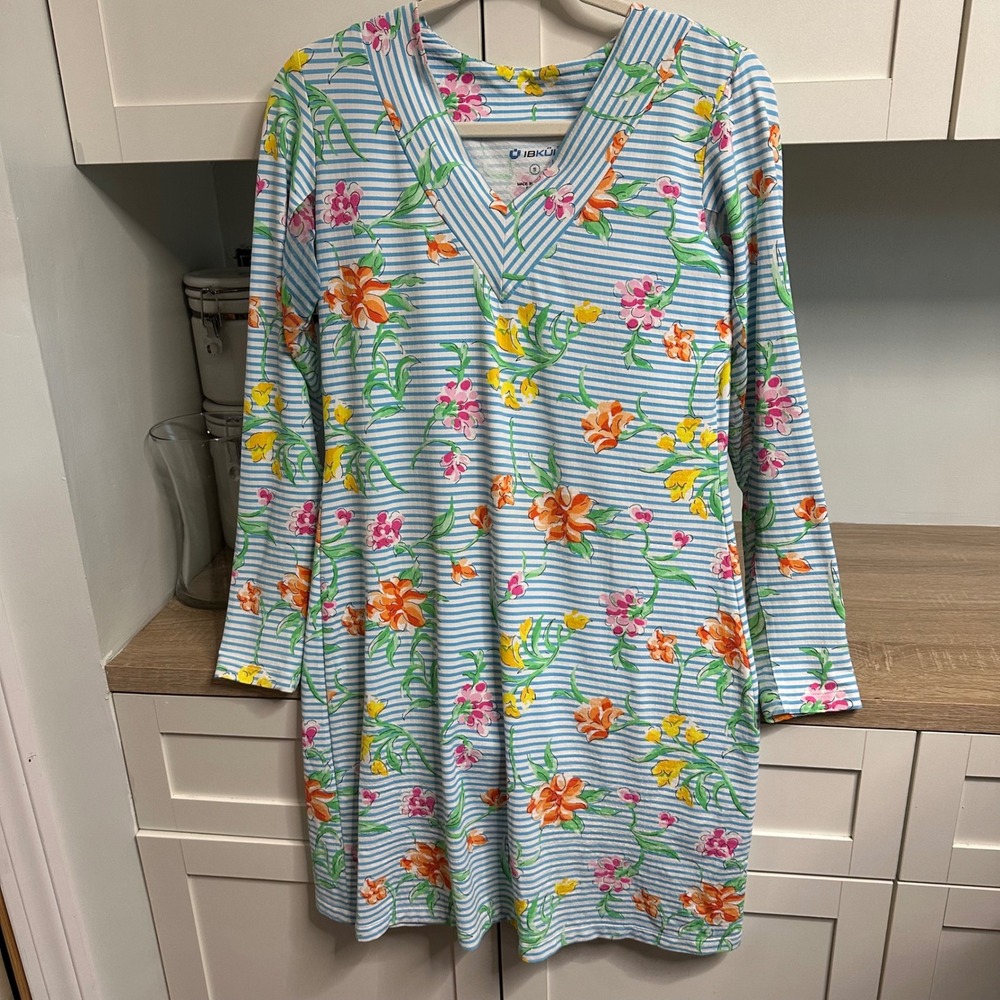 IBKUL Golf Dress Womens S Striped Floral Mesh Long Sleeve V-Neck UPF 50 Tennis